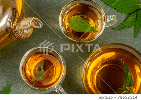 Cups of herbal tea, transparent teapot and nettle leaves on green background. Calming drink concept. Top view Flat lay 78653514