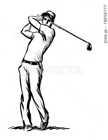 Golfer With A Club Ink Black And White Drawingのイラスト素材