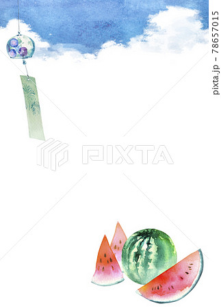 風鈴 スイカ 夏 背景 フレーム 暑中見舞い 水彩 イラストのイラスト素材