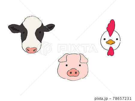 牛と豚と鶏の顔のイラストのイラスト素材