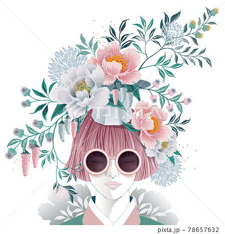 Vector illustration of a short-haired girl with flowers on her head, Korean traditional container decorating with flowers. Design for picture frame, poster, greeting card, and invitation Vector illustration of a short-haired girl with flowers on her head, Korean traditional container decorating with flowers. Design for picture frame, poster, greeting card, and invitation 78657632