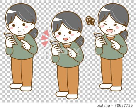 スマホを操作する太った中年女性のイラスト素材