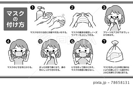マスクの付け方 モノクロのイラスト素材