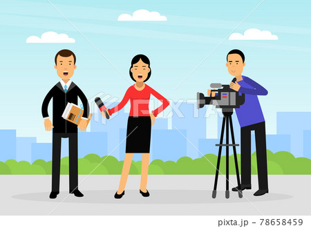 Female Journalist Conducting Interview on Television Broadcast Reporting News and Information Vector Illustration Female Journalist Conducting Interview on Television Broadcast Reporting News and Information Vector Illustration 78658459