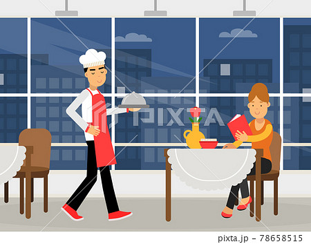 Man Chef Carrying Tray with Served Dish to Customer Table Vector Illustration 78658515