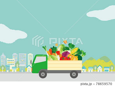 野菜を乗せたトラックと街並み 水彩タッチイラストのイラスト素材