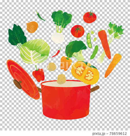 鍋から飛び出す野菜　水彩タッチイラスト 78659612