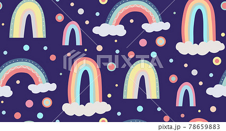Cute childish pattern of the sky. Seamless pattern with different rainbows, clouds and dots. Vector wallpaper in gentle pastel colors on a dark background 78659883