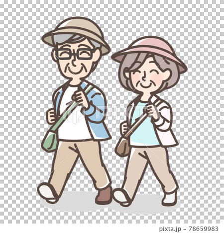 快活に歩くお年寄りの男女 78659983