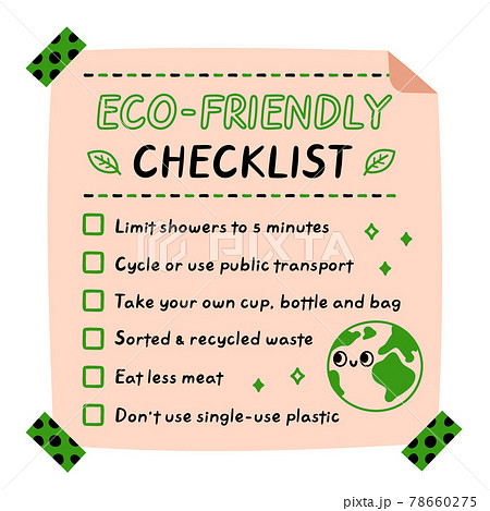 Eco-friendly checklist. Vector hand drawn cartoon kawaii character illustration icon. Ecology tips checklist sticker, card, poster concept 78660275