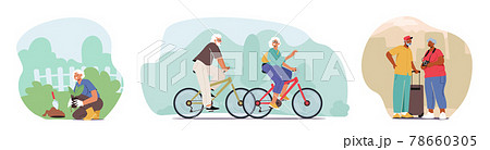 Seniors Active Lifestyle, Aged Man and Woman Gardening, Riding Bicycle or Traveling. Aged Couple Healthy Lifestyle 78660305