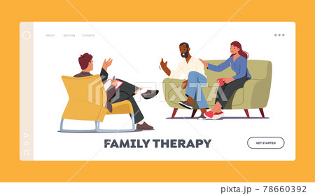 Family Therapy Landing Page Template. Psychotherapeutic Meeting, Psychological Aid. Characters on Sofa Talking to Doctor 78660392