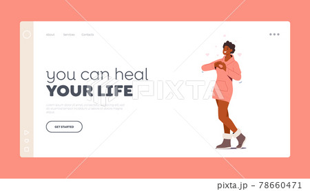 Happy Female Character Show Heart Symbol Landing Page Template. Woman Show Positive Gesture, Cheerful Excited Girl Happy Female Character Show Heart Symbol Landing Page Template. Woman Show Positive Gesture, Cheerful Excited Girl 78660471