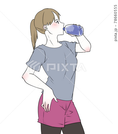 イラスト素材 ペットボトルの水を飲むランニングウエアの若い女性のイラストのイラスト素材