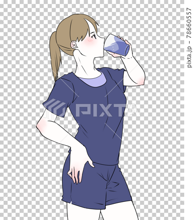 イラスト素材 コップの水を飲むルームウェアの若い女性のイラストのイラスト素材