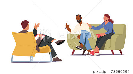 Group Therapy, Psychotherapeutic Meeting, Psychological Aid. Male and Female Characters Sit on Sofa Talking to Doctor 78660594