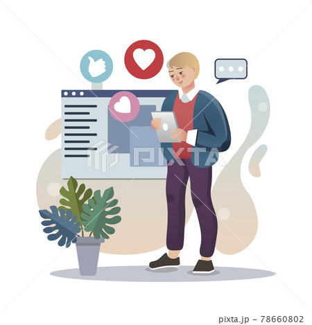 Content Management. Isolated flat style colored illustration. Cloud storage, online base, marketing solution. A man fills the site. 78660802