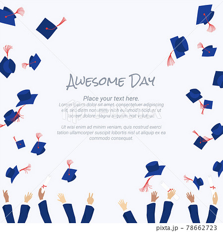 College graduation day card illustration design with hands holding diploma and throwing graduation caps 78662723