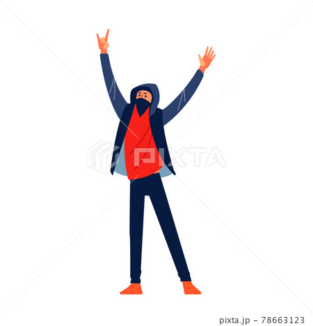 Protesting man with black mask and hood marching In protest, screaming angry, protesting and demanding political freedoms. Flat character design vector illustration isolated on white background 78663123
