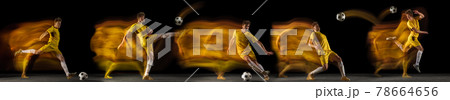 Sportsman playing soccer football on black background in mixed light. Caucasian fit young male player in motion or action. Collage 78664656