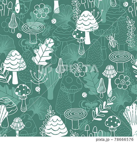 Forest elements seamless pattern. Linear graphic. Mushrooms, insects and leaves. Kid style. Vector illustration. 78666576