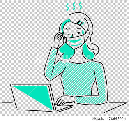 戴面具操作個人電腦的女性（中暑）的簡單線條圖 78667034