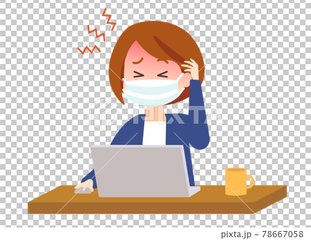 A woman wearing a mask and operating a computer (headache) 78667058