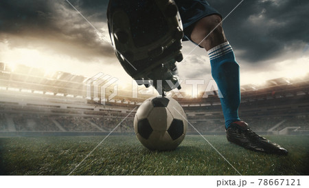 Male soccer, football player catching ball in motion, action at the stadium during sport match on dark sky background. Collage 78667121