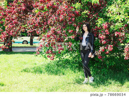 portrait of a young girl standing near cherry blossoms in spring 78669034