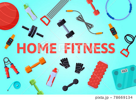 Home workout poster. Fitness and yoga healthy lifestyle equipment, home exercises vector background illustration. Fitness workout banner Home workout poster. Fitness and yoga healthy lifestyle equipment, home exercises vector background illustration. Fitness workout banner 78669134