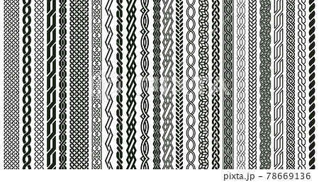 Celtic braids patterns. Braided Irish pattern seamless borders, knotted braid ornaments isolated vector illustration set. Woven celtic braids elements 78669136