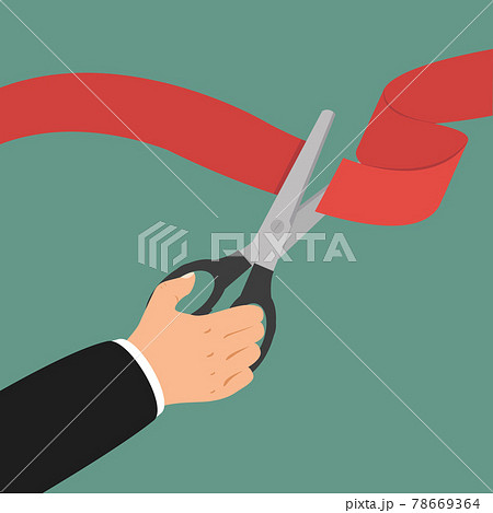 Businessman hand  with scissors cuts red ribbon 78669364