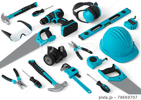 Isometric view of green construction tools for repair on white Isometric view of green construction tools for repair on white 78669707