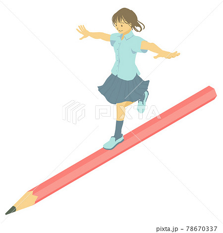 アイソメトリック 大きな鉛筆を平均台にしてジャンプする女子学生のベクターイラストのイラスト素材