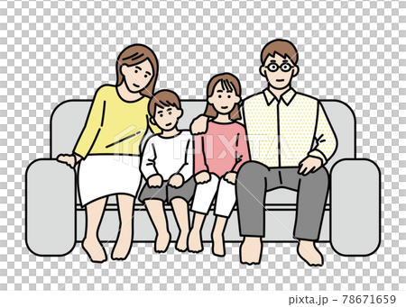 ソファに座る家族の集合写真のイラストのイラスト素材