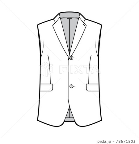 Sleeveless jacket lapelled vest waistcoat technical fashion illustration with single breasted, button-up closure, pocket 78671803