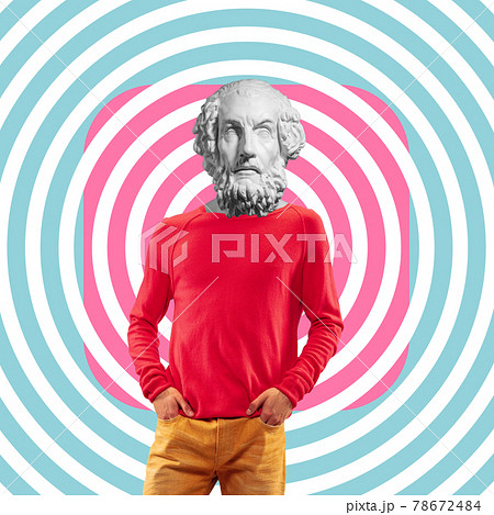 Contemporary art collage. Young man headed of antique statue head. Contemporary art collage. Young man headed of antique statue head. 78672484