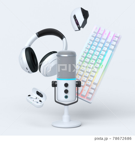 Flying gamer gears like mouse, keyboard, joystick, headset, VR, microphone 78672686