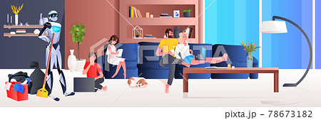 robot cleaner robotic janitor with equipment cleaning living room family relaxing at home artificial intelligence 78673182