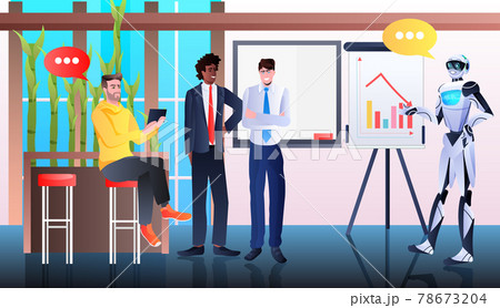 robots with businesspeople analyzing financial statistics data on flip chart artificial intelligence technology concept 78673204