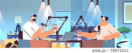 podcasters talking to microphones recording podcast in studio podcasting online radio broadcasting concept 78673321