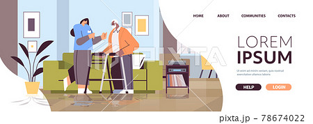 friendly nurse or volunteer supporting elderly man with walkers home care services healthcare and social support friendly nurse or volunteer supporting elderly man with walkers home care services healthcare and social support 78674022