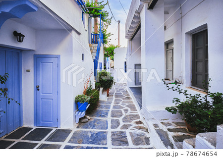 Picturesque Naousa town street on Paros island, Greece 78674654