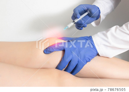 The doctor injects an ozone-oxygen mixture into the patient's knee joint to relieve muscle spasm and inflammation. Ozone therapy, copy space for text 78676505