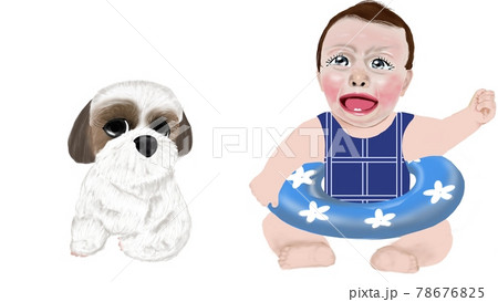 犬と浮き輪をつけて泣いている赤ちゃんのイラスト素材