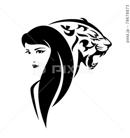 woman with long hair and roaring tiger head vector portrait 78678873
