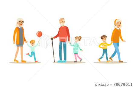 Grandparents Walking in Park and Spending Good Time with their Grandchildren Set Cartoon Vector Illustration 78679011