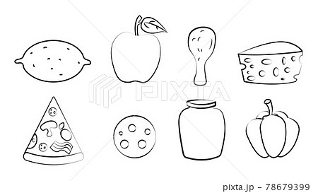 Black and white set of eight icons of delicious food and snacks items for a cafe bar restaurant on a white background: lemon, apple, chicken, cheese, pizza, sausage, can, pepper Black and white set of eight icons of delicious food and snacks items for a cafe bar restaurant on a white background: lemon, apple, chicken, cheese, pizza, sausage, can, pepper 78679399