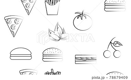Black and white endless seamless pattern of food and snack items icons set for restaurant bar cafe: fries, burger, pistachios, pizza, sandwich, tomato, cherry. The background 78679409