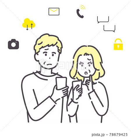 スマートフォンの操作に悩むシニア男女のイラスト スマートフォンの操作に悩むシニア男女のイラスト 78679425